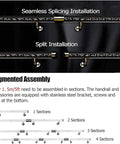 Installation guide for Crystal Clear Acrylic Stair Handrail Built Like A Tank With Corrosion Resistant Brackets, showcasing seamless and split assembly.