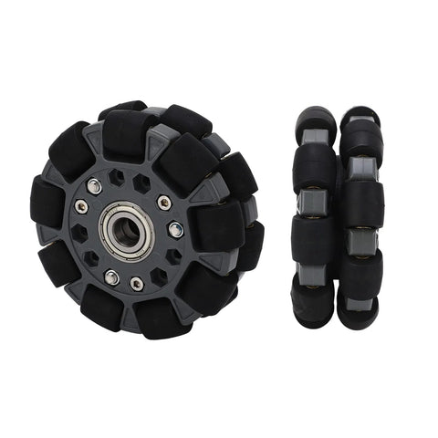 Robot omniwheel tire, 100 mm, black segmented rubber rollers around gray hub with bearing, front view