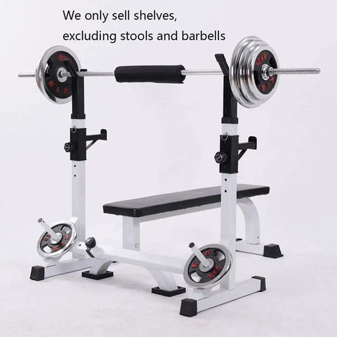 Adjustable Multifunctional Weightlifting Bench And Squat Rack For Home Gym with barbell and weight plates visible.