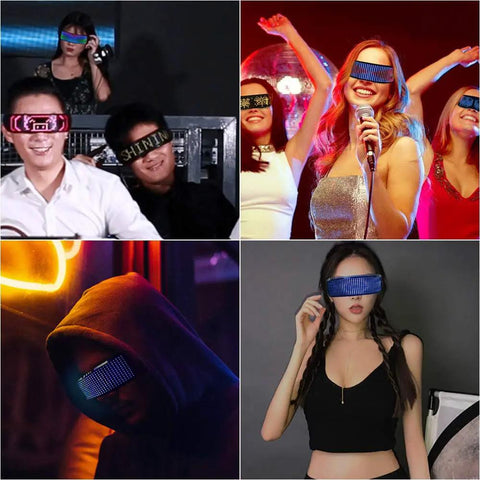 Customizable RGB LED Glasses For Parties And Raves worn by people at events, showcasing colorful LED beads and USB rechargeable feature.
