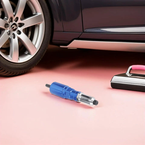 Heavy Duty Rivet Adapter For Drill Kit Turns Electric Cordless Gun Into Powerful Rivet Nut Tool With Sturdy Metal Build For Auto Repair And Job Shop Jobs blue metal adapter beside car wheel