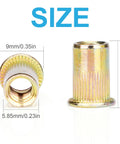 Vmuter M5 rivet nut, zinc-plated carbon steel, flat-head threaded insert; front and side views.