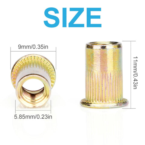 Vmuter M5 rivet nut, zinc-plated carbon steel, flat-head threaded insert; front and side views.
