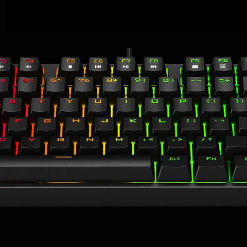 Close-up of Eighty Seven Key Wired Mechanical Keyboard With RGB Led Backlight and Smooth Tactile Switches, vibrant key lighting.