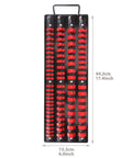 Heavy Duty Portable Socket Organizer Tray Set With Steel Base And ABS Rails In Blue And Red Clips Holds One Quarter Inch Three Eighths Inch And One Half Inch Sockets With Spring Loaded Clips For A Tight Secure Fit, front view, dimensions listed