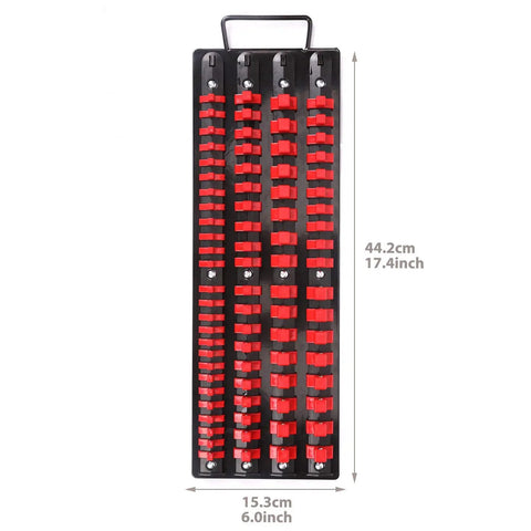 Heavy Duty Portable Socket Organizer Tray Set With Steel Base And ABS Rails In Blue And Red Clips Holds One Quarter Inch Three Eighths Inch And One Half Inch Sockets With Spring Loaded Clips For A Tight Secure Fit, front view, dimensions listed