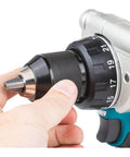 Close-up of the chuck on a Compact 18V Hammer Driver Drill With Brushless Motor, 1/2 Inch Chuck, Tool Only, Two-Speed.