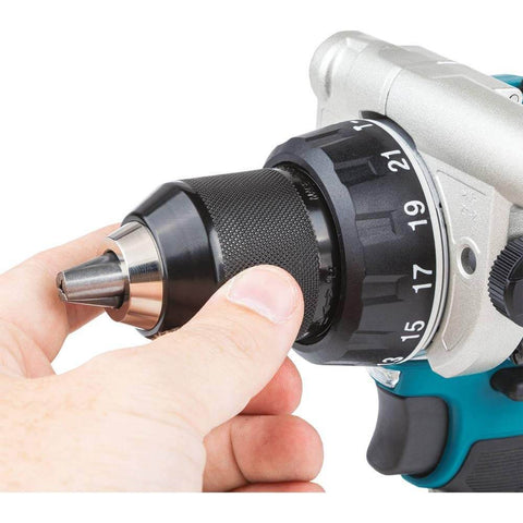 Close-up of the chuck on a Compact 18V Hammer Driver Drill With Brushless Motor, 1/2 Inch Chuck, Tool Only, Two-Speed.