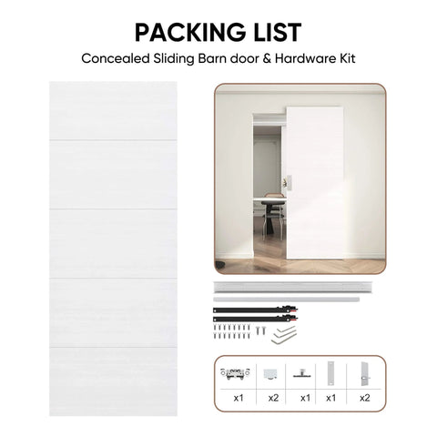 Concealed Sliding Barn Door With Soft Close Hardware Kit White Flush Hidden Door for Openings 24 to 28 Inches Wide by 84 Inches High
