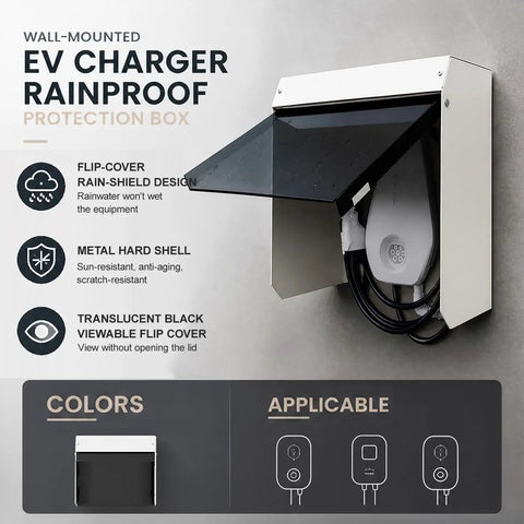 Hella Durable Universal Outdoor EV Charger Cover With All Season Weatherproof Magnetic Protector For Electric Vehicle Plug In Rain Snow Weather Housing Guard mounted on a wall protecting an EV charger.