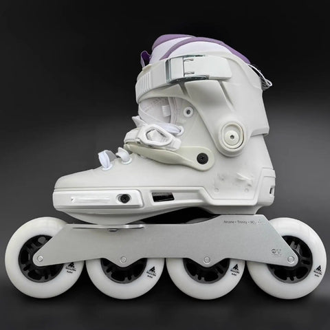 Inline skate with white boot and 88A Inline Skate Wheels 76mm And 90mm Replacement Set for roller blades, side view, black background