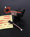 Full Metal 2 Speed Transmission Gearbox With Base For 1 To 18 FMS Crawler Parts Black, gear, wires, screws, decals displayed