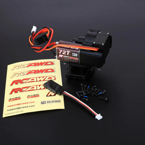 Full Metal 2 Speed Transmission Gearbox With Base For 1 To 18 FMS Crawler Parts Black, gear, wires, screws, decals displayed