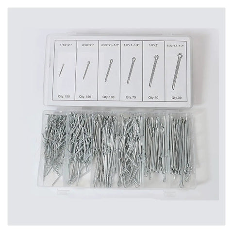 Metal Dowel Pins And Cotter Pin Kit 555 Pieces R Clip Spring Split in open plastic case, showing organized sections by size and quantity