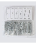 555Pcs Cotter Pin Set R Clips Split Pins Assortment Kit displayed in open box with various sizes labeled and organized.