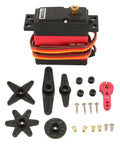 Badass 20Kg Digital Servo With Full Metal Gears And Hella Smooth High Torque Core Motor Featuring Heavy Duty 25T Aluminum Horn For Rc Cars Robots Boats And Custom Builds with various accessories and connectors.