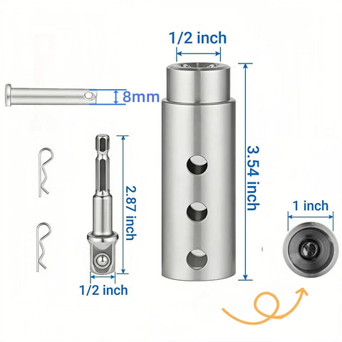 Trailer Jack Drill Adapter for 1 Inch Drive Shaft, Heavy Duty Stainless Steel With Half Inch Socket Bit, dimensions visible