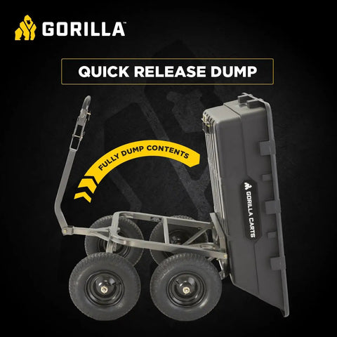 Heavy-Duty Poly Yard Dump Cart With 10 Cu Ft Tub And 1500 Lb Haul Capacity showcasing quick-release dumping mechanism