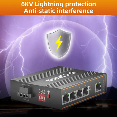 Industrial PoE Switch with 5 Port Unmanaged Ethernet, 125W Power, Din Rail, 6KV Lightning Protection, IP40 Enclosure