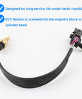 Coolant temperature sensor with braided black sleeve, brass body and purple locking-tab connector.