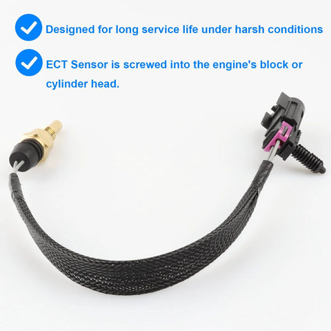 Coolant temperature sensor with braided black sleeve, brass body and purple locking-tab connector.