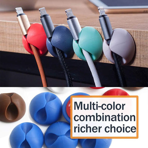 Colorful Cable Clips Organizer With Strong Adhesive, 25 Pack, holding cables on wooden desk and showcasing different colors.