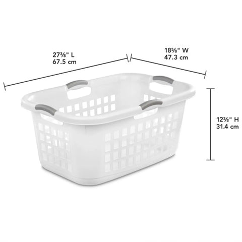 Ultra 2 Bushel Plastic Laundry Hamper Baskets, 6 Pack in White with dimensions labeled, showing heavy duty sorter design.