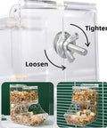 Clear Acrylic Hamster Pellet Feeder With Secure Cage Mount And Scatter Control Baffle showing adjustable clamp and food contents.