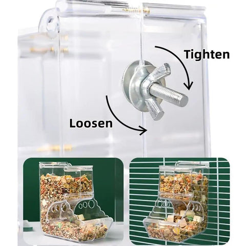 Clear Acrylic Hamster Pellet Feeder With Secure Cage Mount And Scatter Control Baffle showing adjustable clamp and food contents.