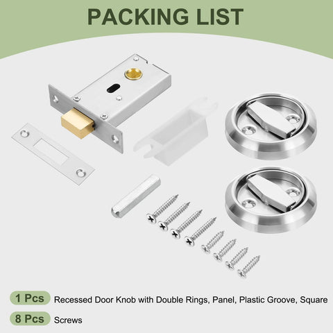 Packing list for Round Recessed Door Pull Handle In Stainless Steel Concealed Brushed Finish With Double Ring Design, including screws and components