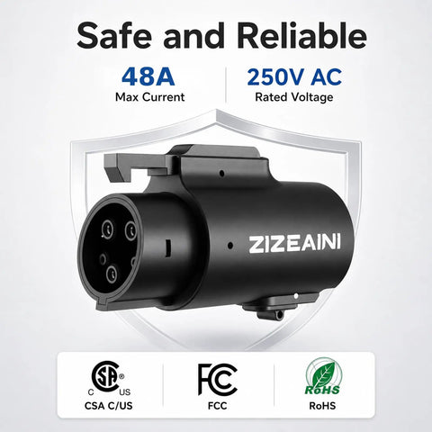 Tesla To J1772 Charging Adapter For Electric Vehicles Brings 48 Amp 240 Volt Juice Straight To Your Car plug view showing black connector.