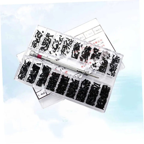Slick Little Miniature Screw Set Featuring Countersunk Round Head Fasteners And Precision Eyeglass Repair Bits in clear case.