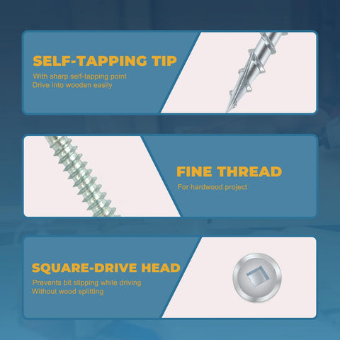 Illustration showing features of Pocket Hole Screws 1-1/4 Inch With Square Drive Size 8 Wood Screws 620 Pieces Fine Thread Washer Head Self Tapping Zinc Plated Includes 150mm Drive Bit DIY Friendly Indoor Woodworking Joints Made Easy.