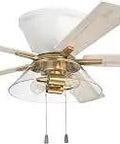 52 Inch Ceiling Fan With Integrated Light Kit, White And Satin Brass Finish, Reversible Blades, Clear Glass Shade, LED Bulbs