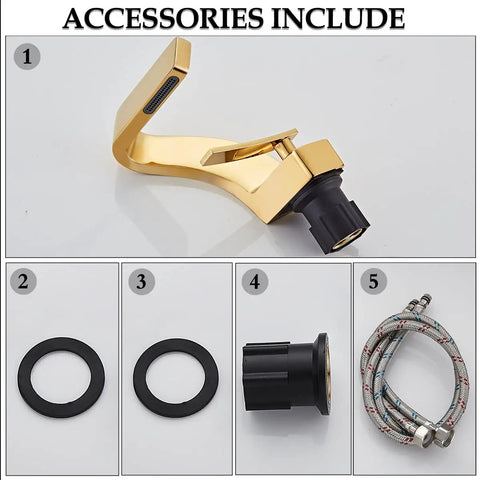 Accessories include for Single Hole Bathroom Sink Faucet With Single Handle Hot And Cold Water Mixer Tap For Lavatory Vanity Durable Brass Body With Chrome Finish Gold Tone Includes Two US Standard Three Eighths Inch Hoses.