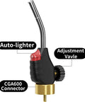 Propane Gas Welding Torch With Adjustable Webbed Flame, 360 Degree Rotating Tube, close-up of auto-lighter and CGA600 connector