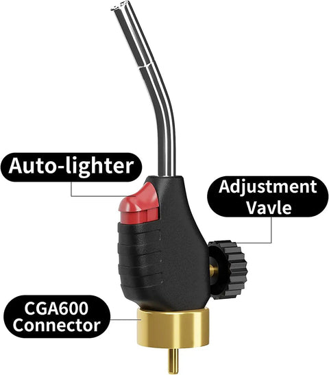 Propane Gas Welding Torch With Adjustable Webbed Flame, 360 Degree Rotating Tube, close-up of auto-lighter and CGA600 connector