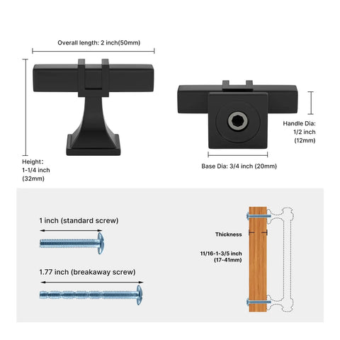 Heavy Duty Matte Black Cabinet Knobs Bring A Slick Two Tone Vibe With Rock Solid Square Drawer Pulls For Kitchen Cupboards And Dressers 15 Pack dimensions and screw details.