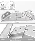 Tough As Nails 10 Pack Heavy Duty Stainless Steel Corner Braces For Wood Shelves Furniture DIY Projects Rock Solid Anti Wobble Stabilizer Clamps thickened L bracket with measurements.