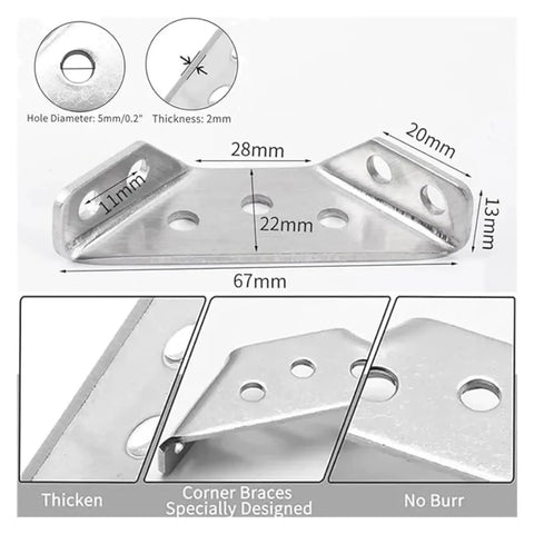 Tough As Nails 10 Pack Heavy Duty Stainless Steel Corner Braces For Wood Shelves Furniture DIY Projects Rock Solid Anti Wobble Stabilizer Clamps thickened L bracket with measurements.