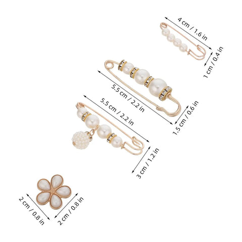 8 Piece Pearl Waist Tightener Pins For Loose Jeans And Pants Belt Alternative Clip Decorative Alloy Brooch detailed view with dimensions.