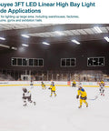 Xbuyee 3FT LED Linear High Bay Light illuminating an ice rink with children playing hockey, showcasing bright lighting.