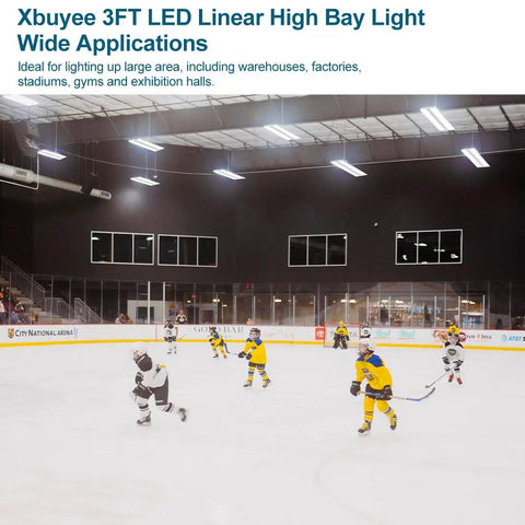 Xbuyee 3FT LED Linear High Bay Light illuminating an ice rink with children playing hockey, showcasing bright lighting.