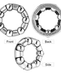Front Wheel Bearing Kit for Bikes Three Sixteenth Inch Ball Bearings With Retainer Four Pack Replacement Parts for Kids Bicycles and Stretch Bikes Seven Balls Per Retainer Easy Swap; shown in front, back, and side views.