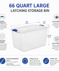 66 Quart Clear Plastic Storage Bin With Secure Blue Latch Lids Stackable Home Organization Tote For Garage Closet And Pantry showing dimensions and features.