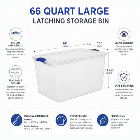 66 Quart Clear Plastic Storage Bin With Secure Blue Latch Lids Stackable Home Organization Tote For Garage Closet And Pantry showing dimensions and features.