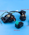 Universal All In One Electric Stator Coil CDI Wiring Harness And Spark Plug Kit with labeled components for 49cc to 125cc engines.