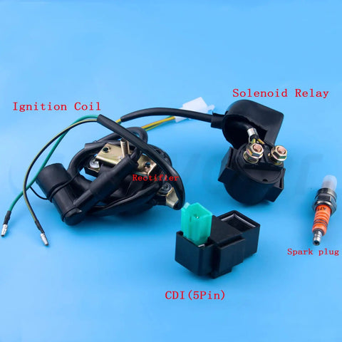 Universal All In One Electric Stator Coil CDI Wiring Harness And Spark Plug Kit with labeled components for 49cc to 125cc engines.