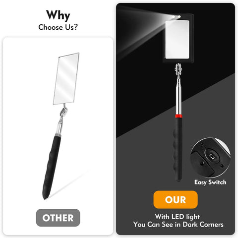 Comparison of standard mirror vs Extendable 12 To 35 Inch Inspection Mirror With 360 Degree Rotating LED Head, telescoping for vehicle checks.