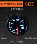 Front view of 7-color 52mm oil pressure gauge with blue LED backlight and red needle, 0–140 PSI